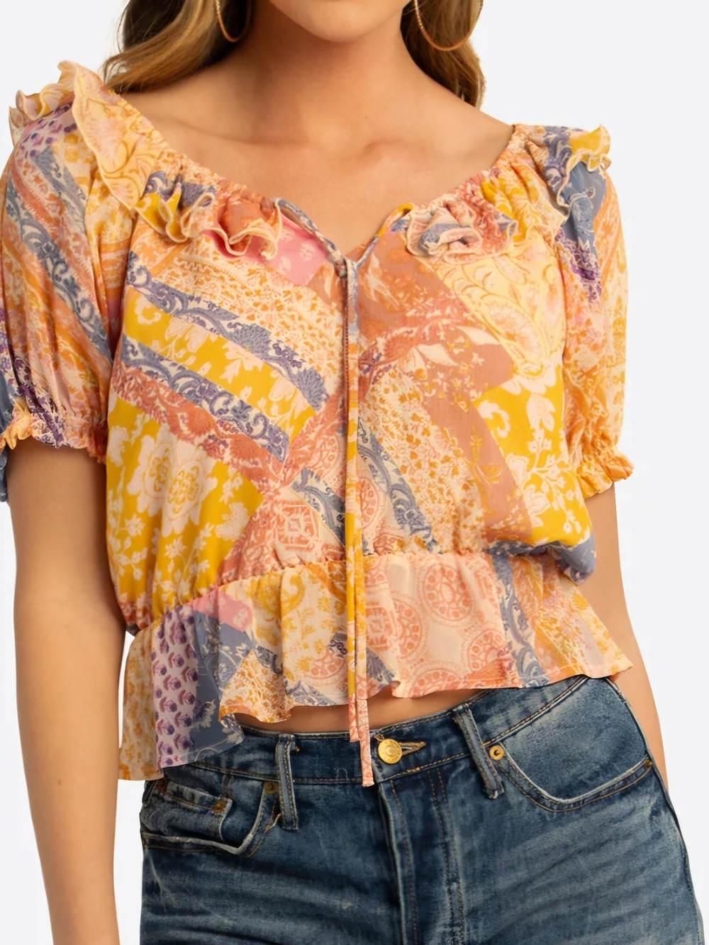 Jessica Simpson Yellow Multi-Print Ruffle Peplum Blouse